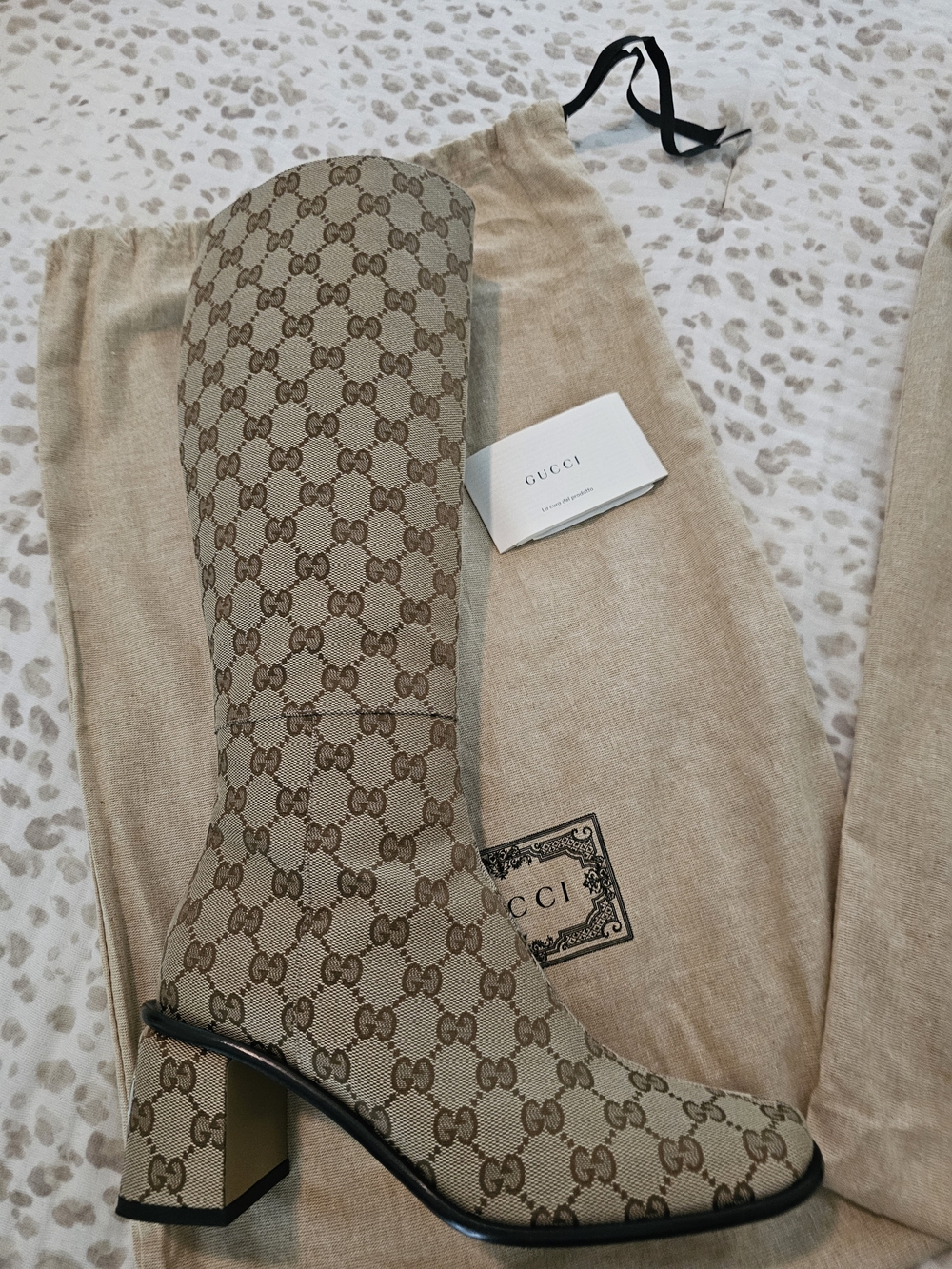 Gucci Beige Monogram Knee-High Square Toe Boots - Picture 12 of 12